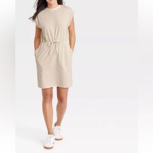 EUC A New Day Casual Cream & Gold‎ Striped Dress Cap Sleeve Drawstring Dress 2X